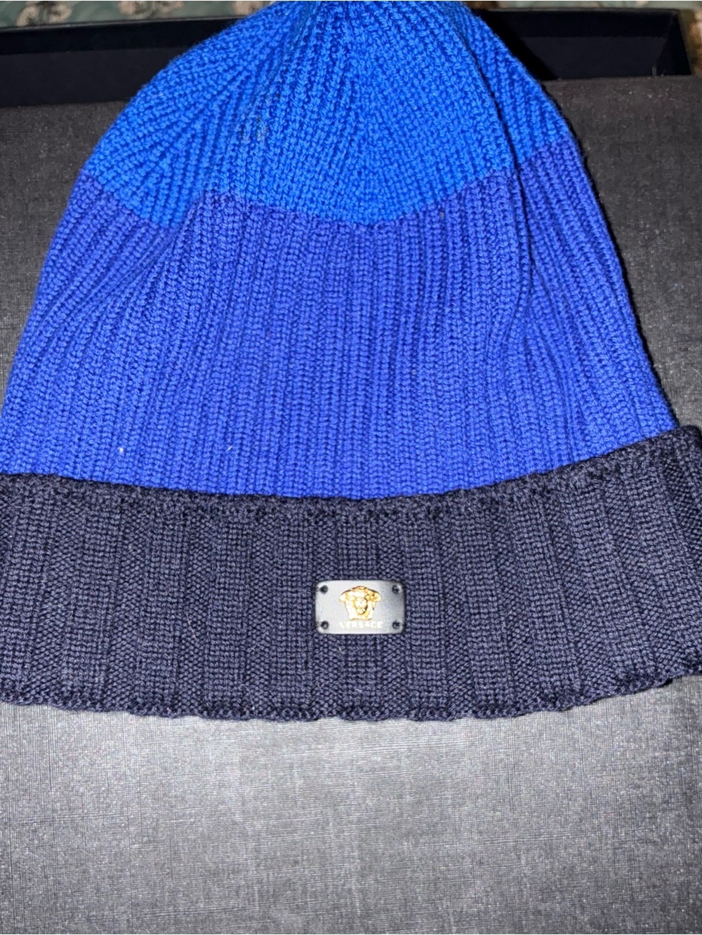 Versace Royal Blue and Black Ribbed Knit Beanie with Medusa Plate